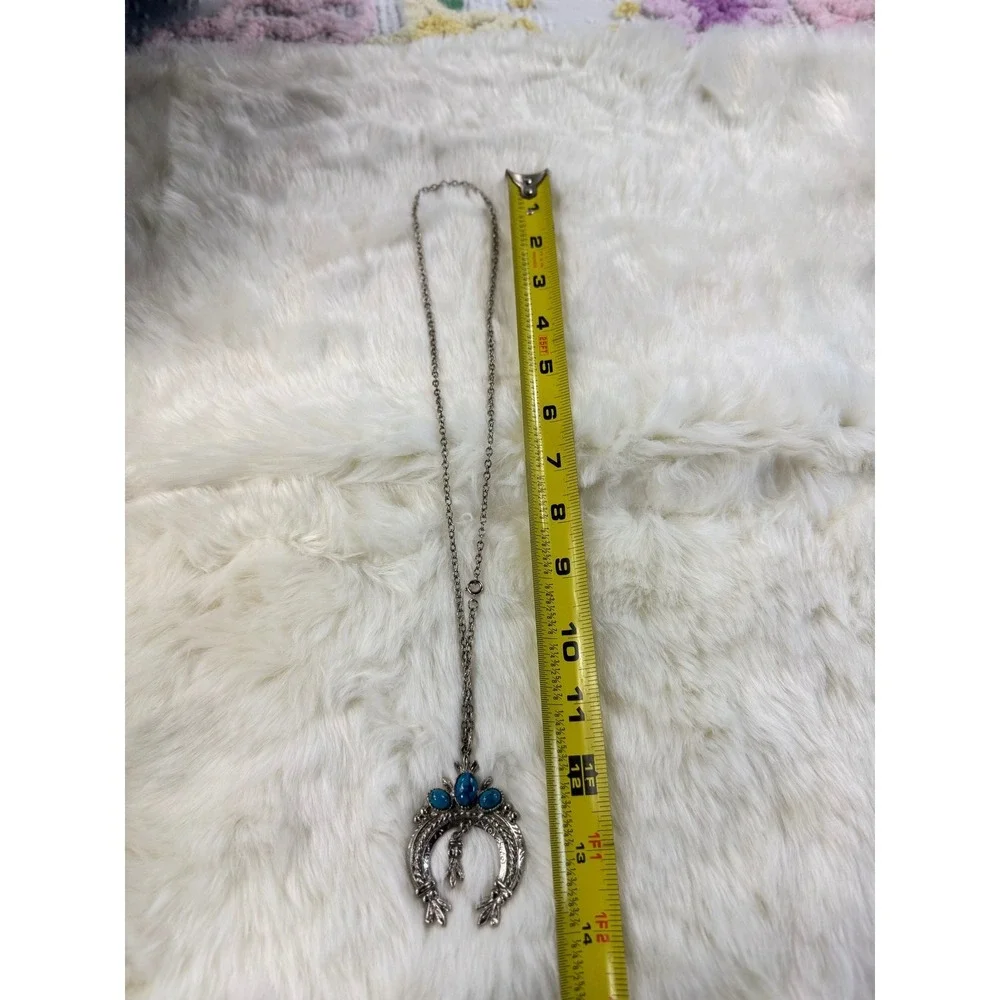 Western Horseshoe Squash Blossom Turquoise Necklace Silver Tone‎